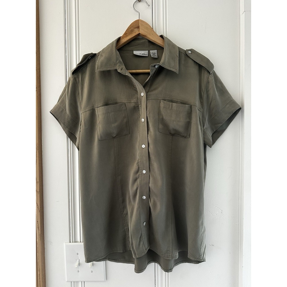 Chico's Sz 1 Platinum Silk Utility‎ Blouse Quiet Luxury Minimalist Taupe Top